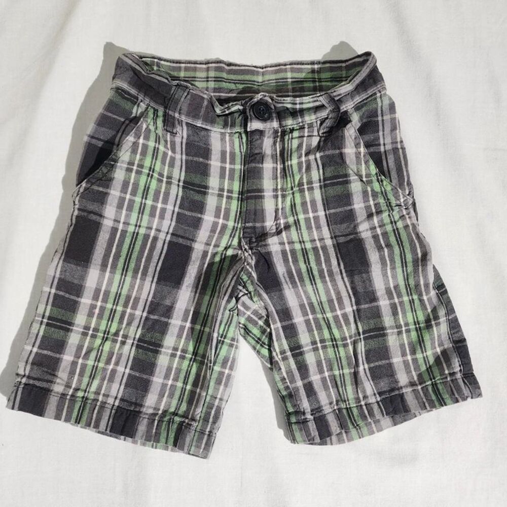 Mishka Boys Plaid Shorts Size 5 Green Gray Cotton Casual Flat Front Cargo